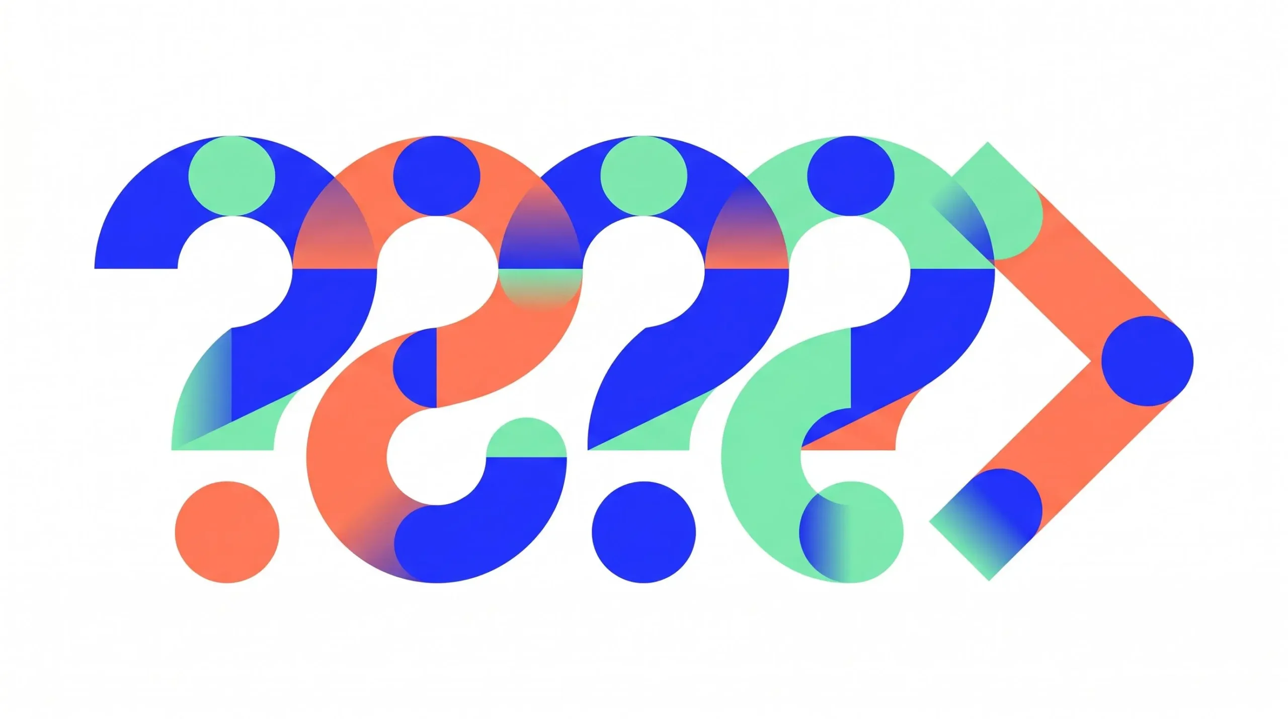 Abstract geometric composition of overlapping question mark shapes in blue, orange and green forming rightward directional flow on white background
