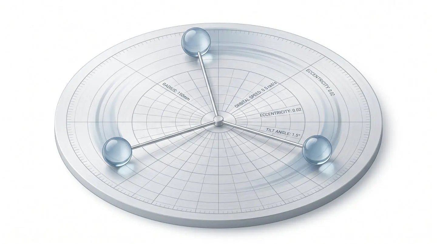 Isometric technical illustration of precision calibration platform with three glass spheres in orbital motion leaving measurement trails on circular grid