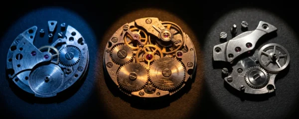 Precision mechanical watch gears arranged in three groups under colored spotlights on black surface, revealing different wear patterns through specialized illumination