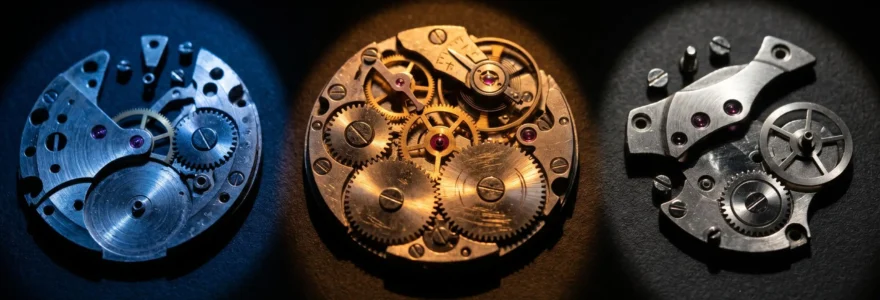 Precision mechanical watch gears arranged in three groups under colored spotlights on black surface, revealing different wear patterns through specialized illumination