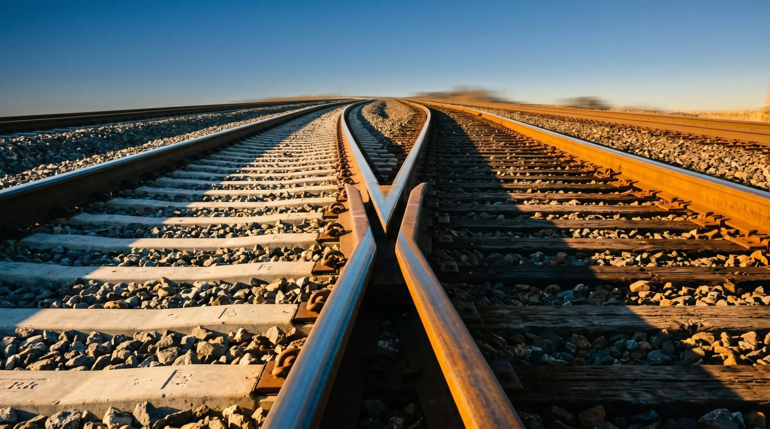Railway junction splitting into two diverging paths at ground level, one with fresh ballast and one weathered, under golden hour lighting