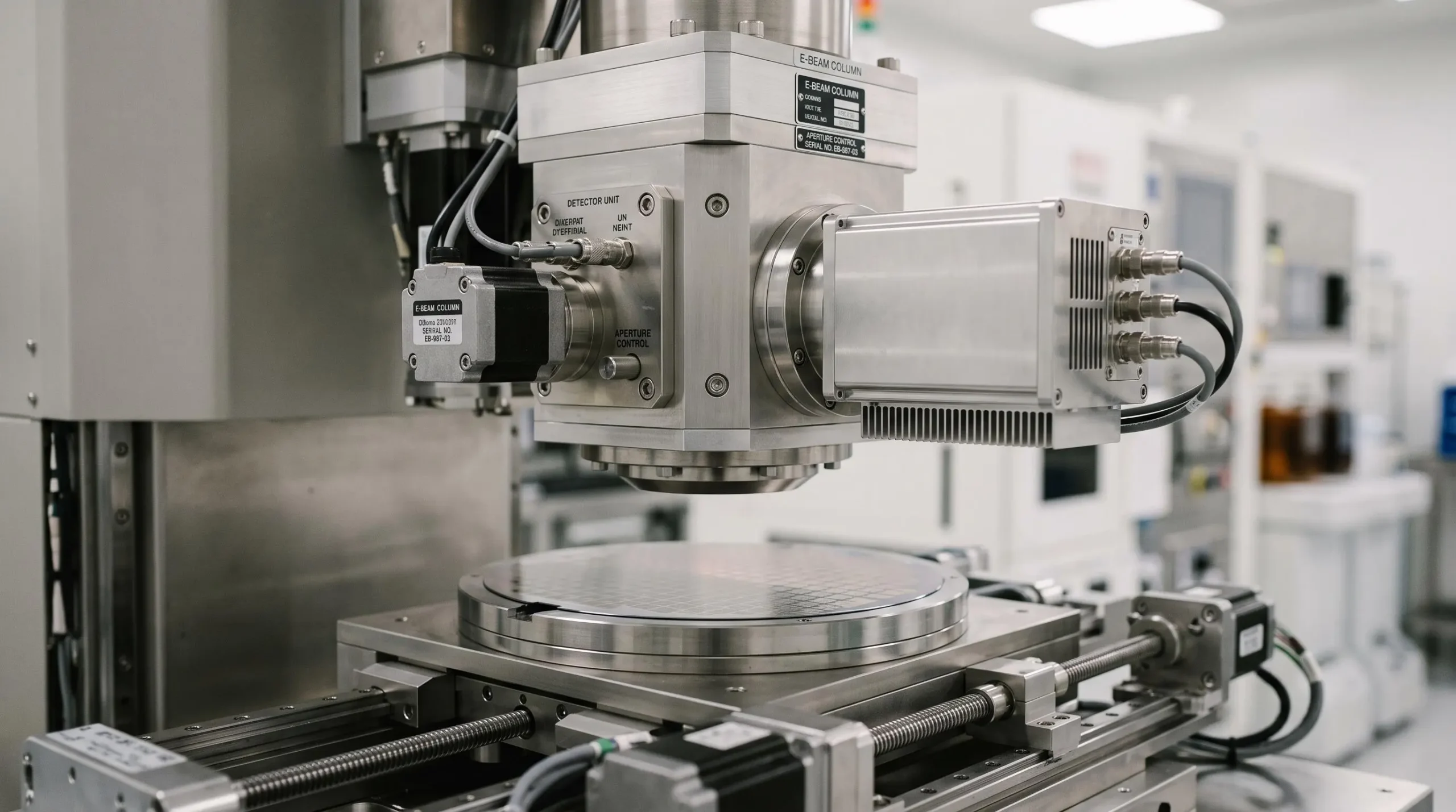 Electron beam inspection column positioned above silicon wafer on precision scanning stage in semiconductor cleanroom, showing charged-particle detection technology