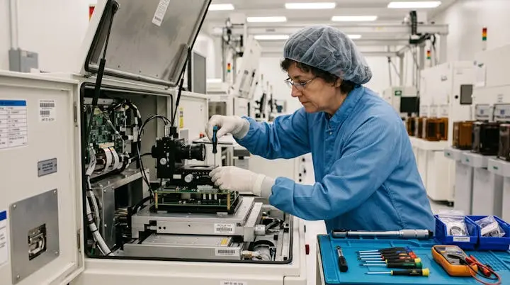 Maintenance technician in cleanroom ESD attire performing preventive service on opened semiconductor inspection platform, with precision tools and spare components on ESD-safe mat